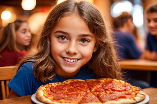 Fille mangeant de la pizza dans un café nourriture malsaine t-shirt bleu