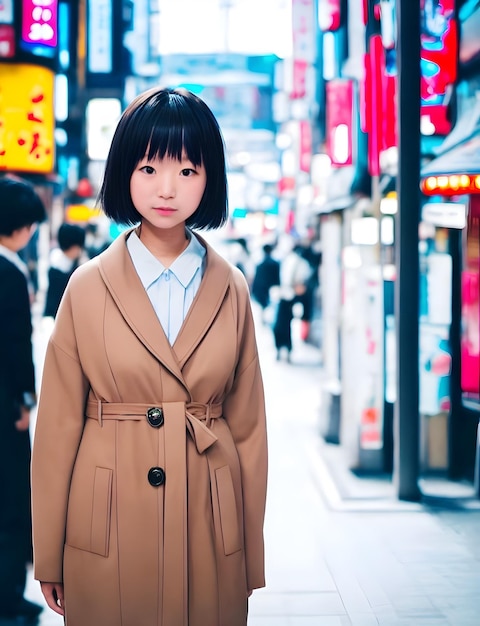 Une fille en manteau marron se tient dans une rue animée avec une pancarte qui dit "je t'aime"