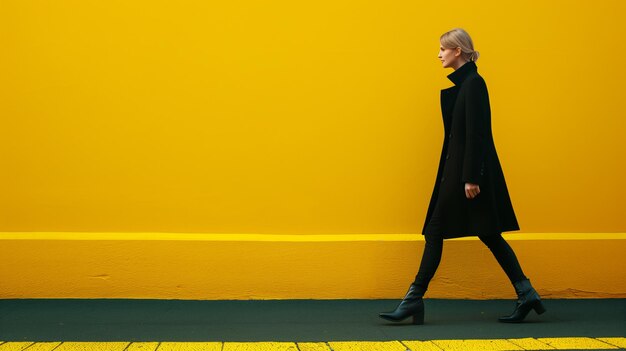 Une fille en manteau noir descendant le mur jaune.