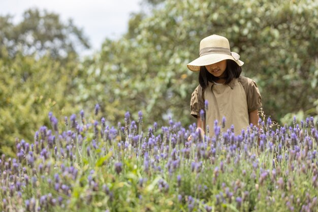 Fille marchant sur le champ de lavande