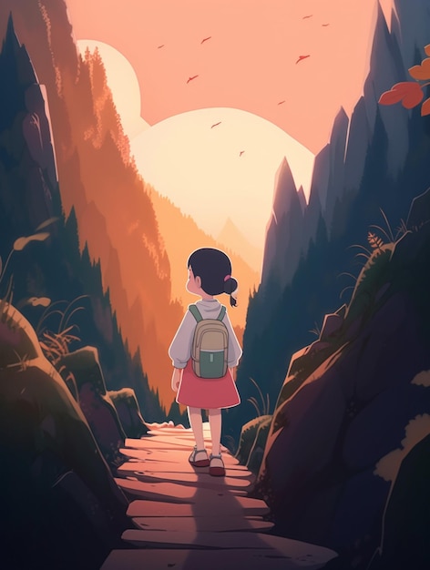 Une fille marchant dans un chemin dans une forêt avec un coucher de soleil en arrière-plan.