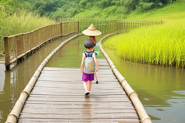 une fille marchant seule sur un pont en bois sur le lac pang ung thaïlande