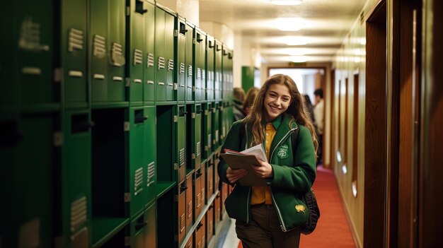 une fille marche dans une bibliothèque avec un livre à la main.