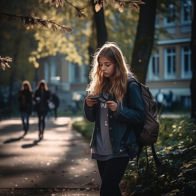 une fille marche dans un chemin et regarde son téléphone.