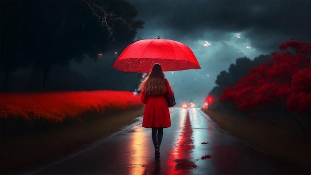 Une fille marche le long de la route avec un parapluie de couleur rouge