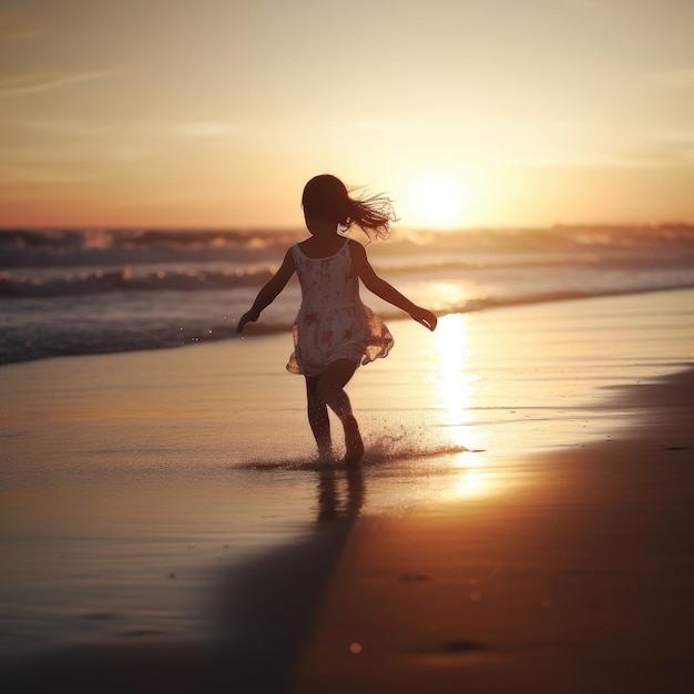 Une fille marche sur la plage devant le soleil couchant.