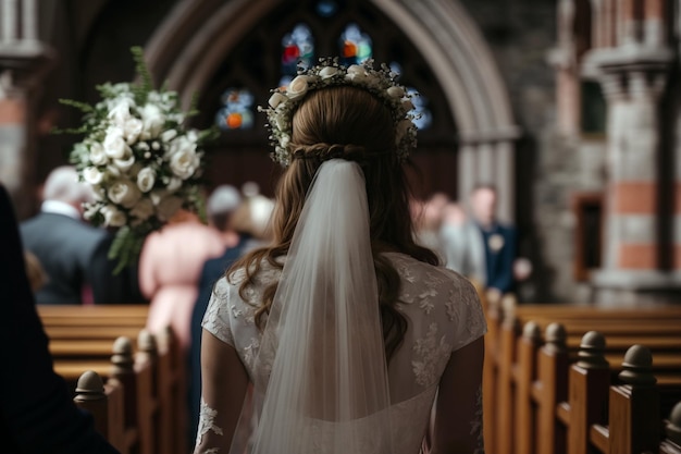 Fille mariée entre dans l'église pour le mariage illustration de mariage Generative AI