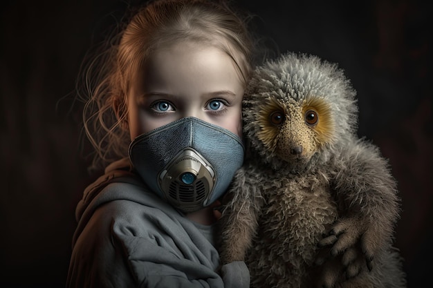 Une fille avec un masque et un animal en peluche dans les mains.