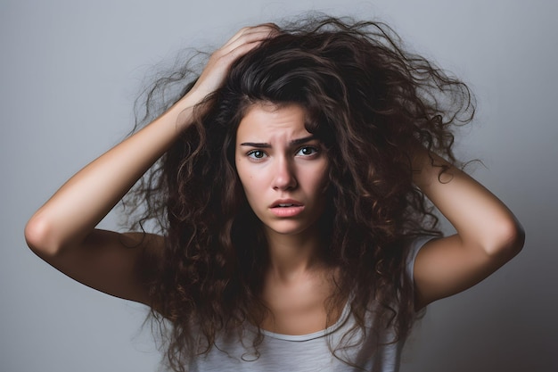 Fille mécontente à cause d'un problème de chute de cheveux Tenant ses cheveux en désordre dans les mains