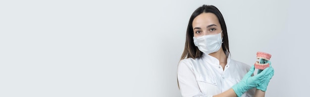 Fille médecin dentiste en blouse blanche tient une maquette de dents.