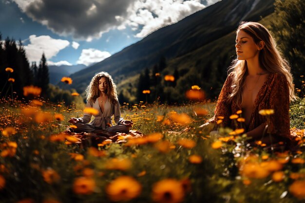 Une fille médite dans un champ de fleurs