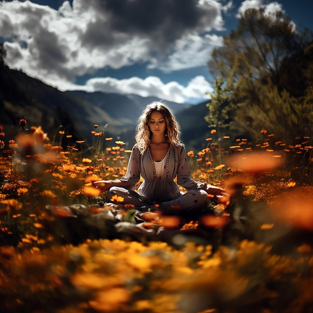 Une fille médite dans un champ de fleurs