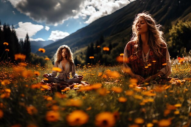 Une fille médite dans un champ de fleurs