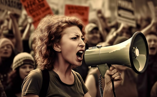 Une fille avec un mégaphone hurle Une manifestation féministe Un haut-parleur crie