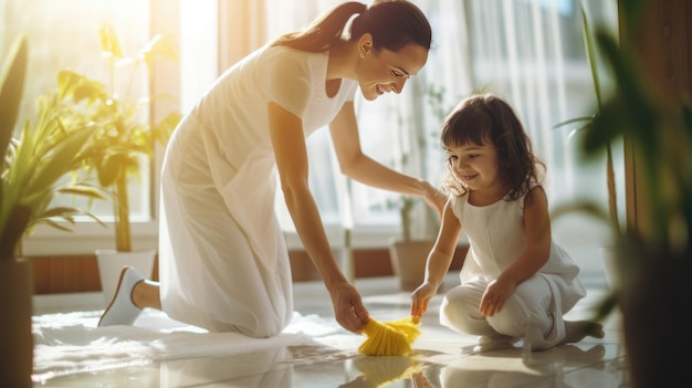 La fille et la mère nettoient la maison ensemble et s'amusent