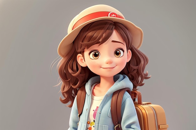 Une fille mignonne avec des bagages illustration de personnage de dessin animé dessinée à la main