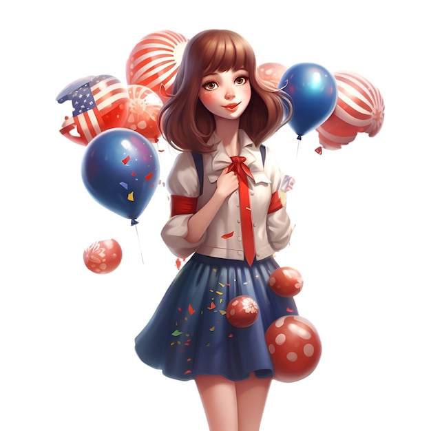 Fille mignonne avec des ballons isolés sur fond blanc rendu 3D