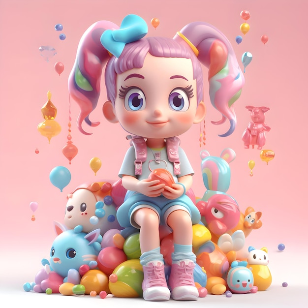 Fille mignonne de bande dessinée assise sur une pile de ballons colorés rendu 3d