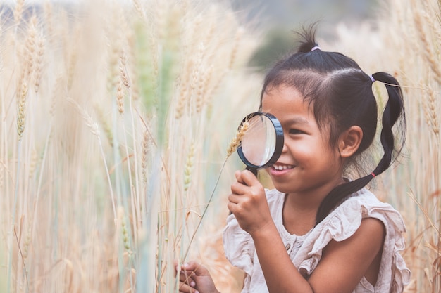 Fille mignonne enfant asiatique à la recherche des épis de blé à travers une loupe dans le champ d&#39;orge