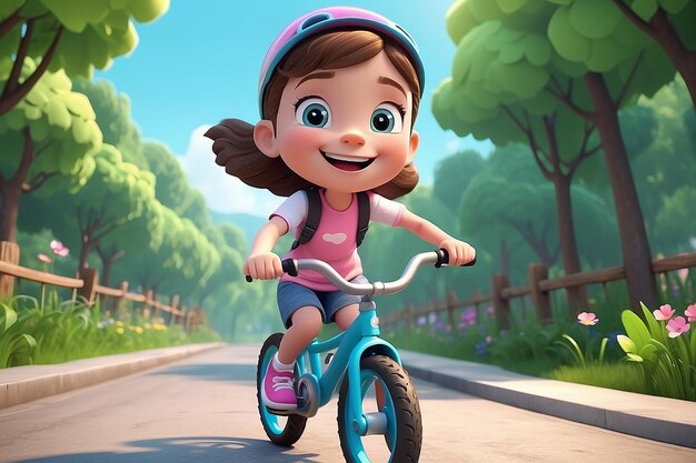 Photo une fille mignonne et heureuse qui fait du vélo sourit.