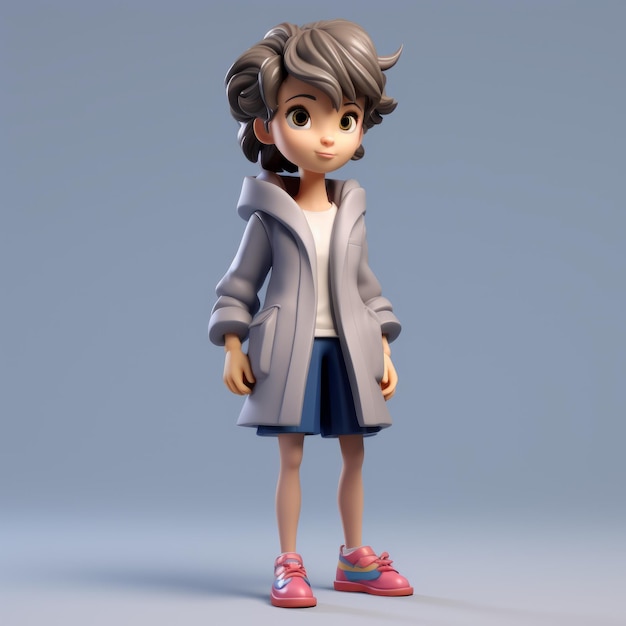 Une fille à la mode en 3D avec des cheveux courts et un manteau