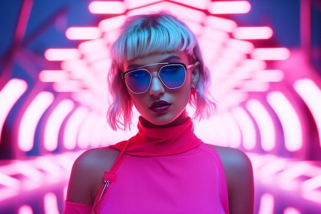 Une fille de mode futuriste et dynamique, une IA générative.