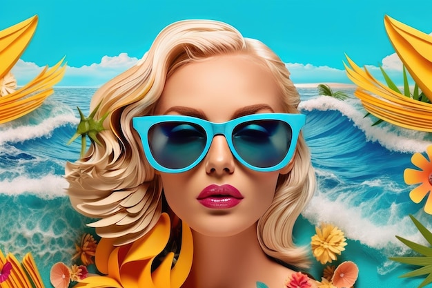 Fille de mode avec des lunettes de soleil à la plage Effet rétro AI générative