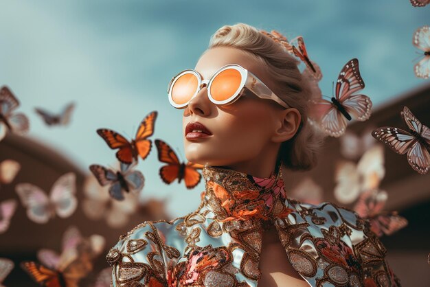 Photo une fille à la mode avec des papillons