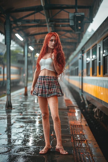 Une fille à la mode posant dans une gare.