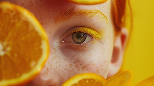 La fille modèle de beauté prend des oranges juteuses belle jeune fille joyeuse avec des taches de rousseur drôle IA générative