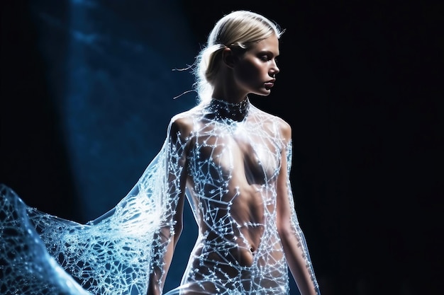 Une fille modèle défile sur le podium dans une tenue futuriste transparente inhabituelle lors d'un défilé de mode du futur Illustration de l'IA générative Fashion Week