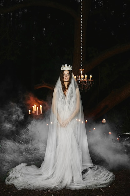 Fille modèle avec en lingerie blanche avec une couronne et un voile sur la tête se dresse dans une forêt brumeuse, photo de conte de fées