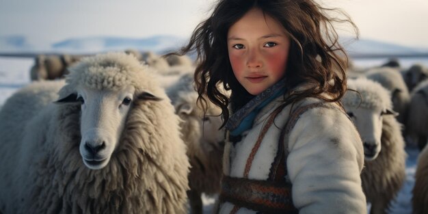 Une fille mongole avec un animal tive IA générative