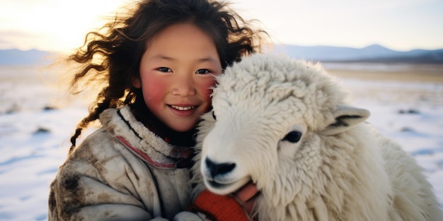 Une fille mongole avec un animal tive IA générative