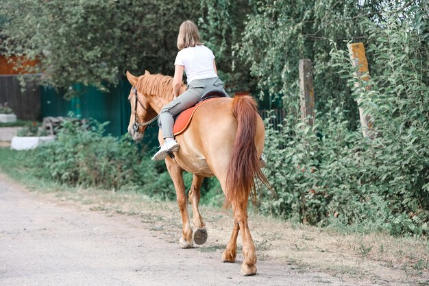 Une fille monte à cheval pendant l'été chaud dans la forêt