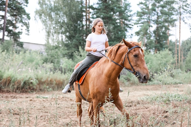 Une fille monte à cheval pendant l'été chaud dans la forêt