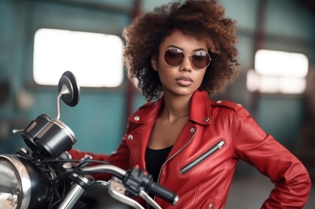 Fille de motard afro-américaine dans une veste en cuir rouge lunettes de soleil sur une moto Generative AI