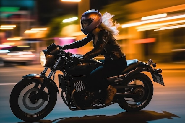 Fille de motard dans une veste en cuir sur une moto Generative AI