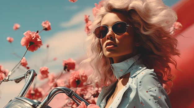 Une fille avec une moto sur un fond en fleurs