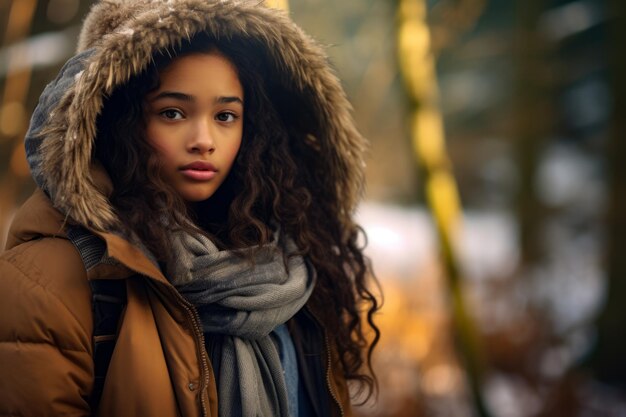 Fille multiethnique appréciant l'automne dans les bois par une journée enneigée