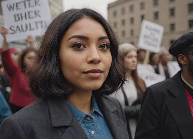 Une fille multinationale en grève de rue pour l'autonomisation des femmes Portrait d'une fille mixte en réponse à une manifestation pour l'égalité en regardant la caméra