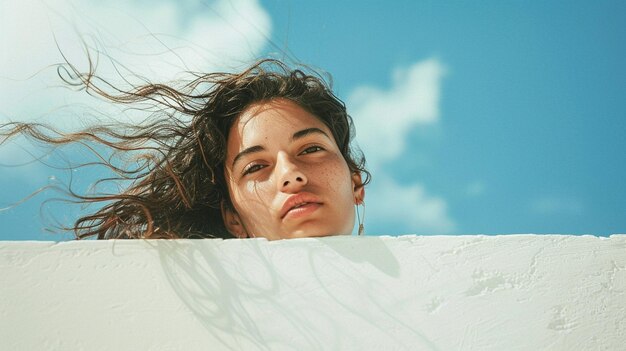 Photo fille sur un mur blanc le vent soufflant