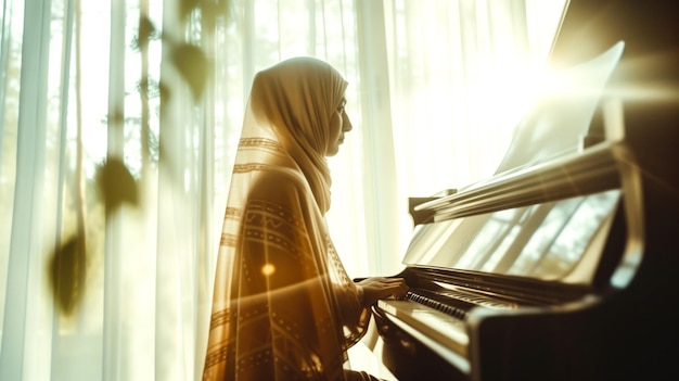 Une fille musulmane en tenue traditionnelle joue du piano.