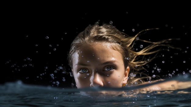 une fille nage dans l’eau avec ses cheveux au vent.