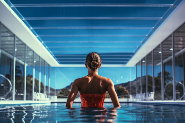 Photo une fille nage dans la piscine couverte de la villa générative ai