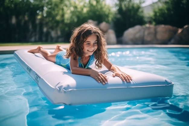 Une fille nage dans la piscine sur un matelas.