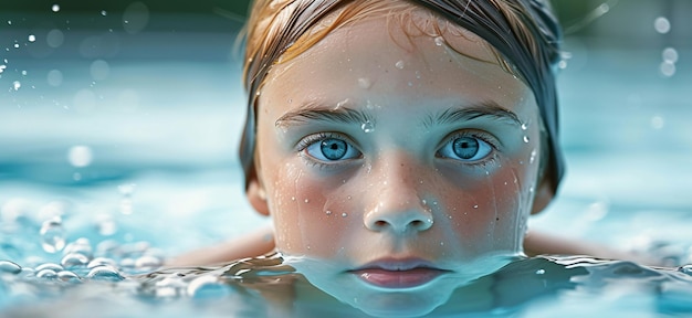 Une fille nage dans la piscine de près.