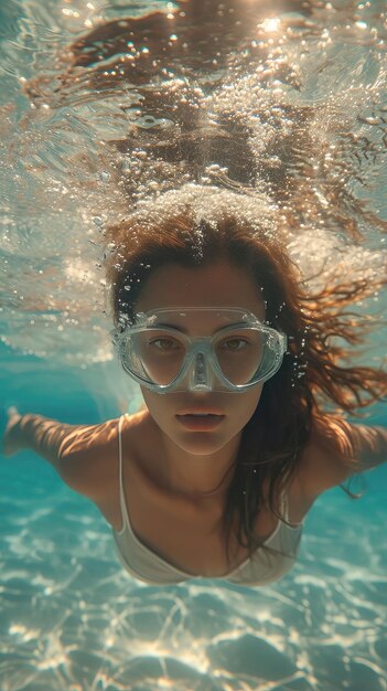 Fille nageant sous l'eau brune course réaliste copie spatiale visuels sans texte