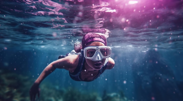 Une fille nageant sous l'eau avec un masque sur la tête.