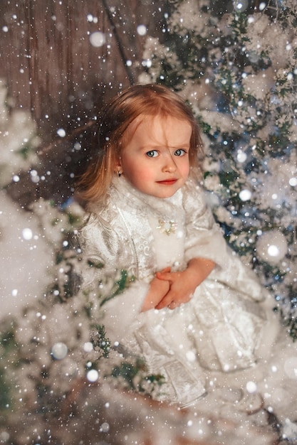 fille des neiges dans la forêt enneigée de Noël